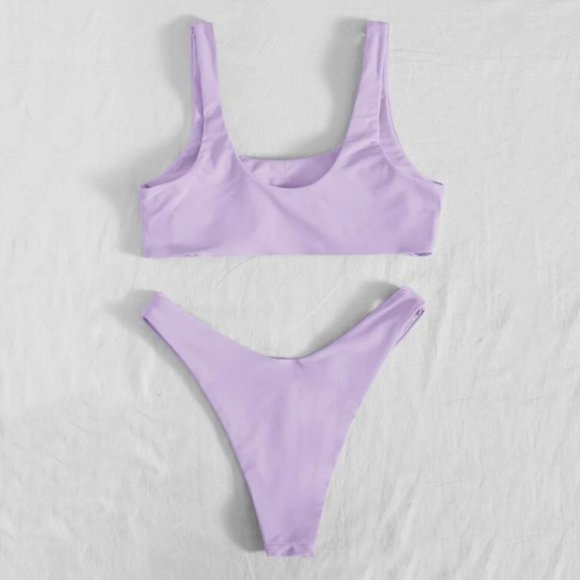 SHEIN🌺Solid High Cut Lilac Bikini Swimsuit👙S - Picture 2 of 4